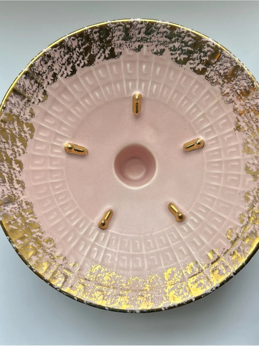 MCM Ceramic pedestal bowl candle holder pale pink Gold Sponge raised design rare